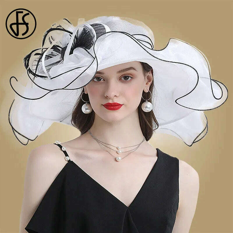 KIMLUD, FS Big Brim Fedora Hats For Women Organza White Sun Hats Flower Ladies Wedding Party Kentucky Wide Church Fedoras, KIMLUD Womens Clothes