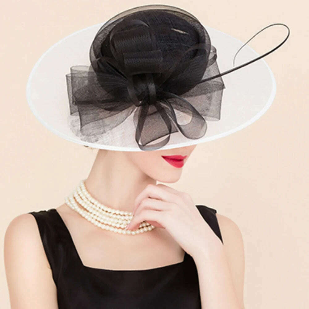 KIMLUD, FS Black And White Patchwork Fascinator Hats For Wedding Church Sinamay Hats With Bowknot Kentucky Derby Hat Fedora Tea Party, KIMLUD Womens Clothes