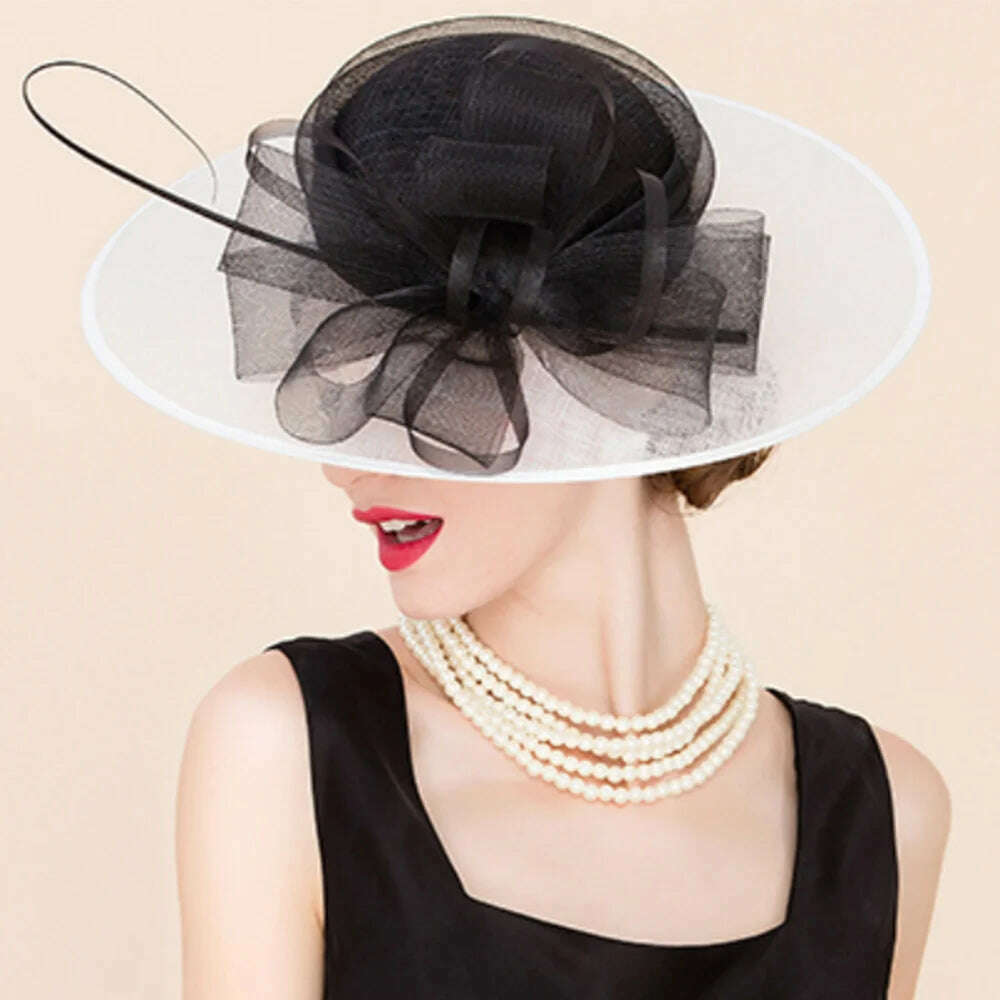 KIMLUD, FS Black And White Patchwork Fascinator Hats For Wedding Church Sinamay Hats With Bowknot Kentucky Derby Hat Fedora Tea Party, KIMLUD Womens Clothes