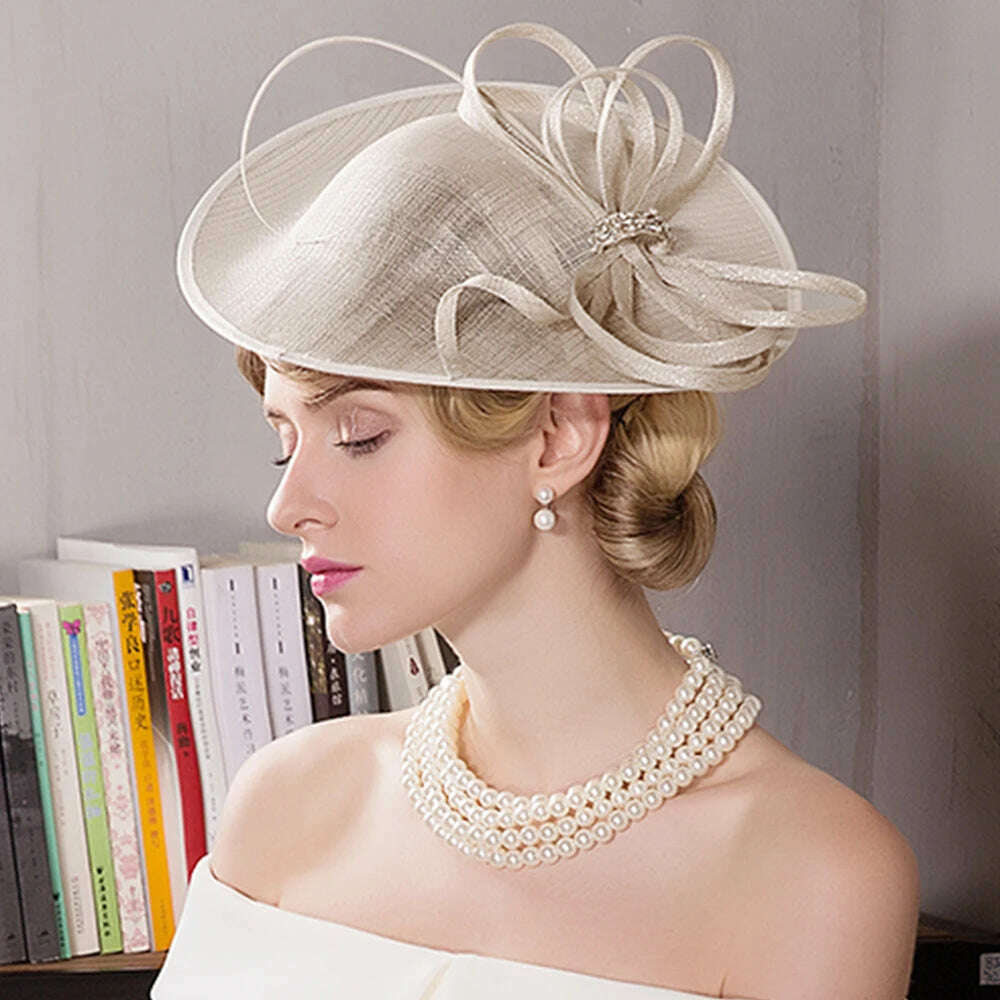 KIMLUD, FS Fascinators For Women Elegant White Linen Pillbox Hat Royal Weddings Bridal Hats Ladies Sinamay Derby Dress Cocktail Fedoras, KIMLUD Womens Clothes