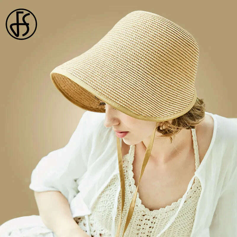 KIMLUD, FS Fashion Straw Regency Bonnets Hats For Women Party Sun Hats Bow Beach Cap Big Wide Brim Cloche Hat Fedora Chapeau Femme, Light Brown / M (55-58cm), KIMLUD APPAREL - Womens Clothes