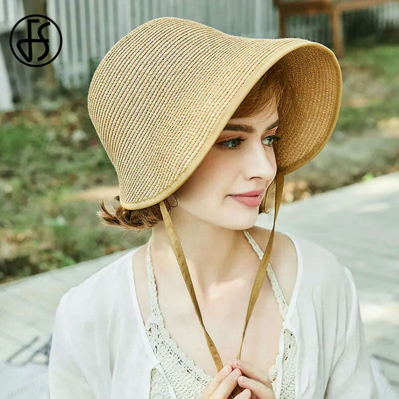 KIMLUD, FS Fashion Straw Regency Bonnets Hats For Women Party Sun Hats Bow Beach Cap Big Wide Brim Cloche Hat Fedora Chapeau Femme, KIMLUD Womens Clothes