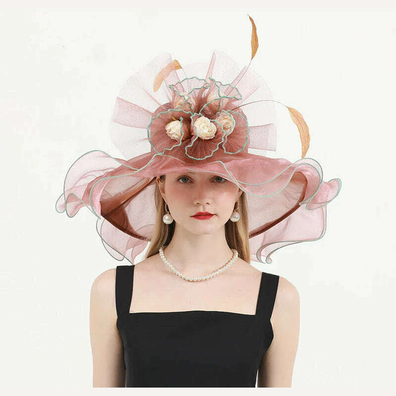 KIMLUD, FS Organza Wide Brim Church Kentucky Derby Hats Fascinator For Women Wedding Cocktail Tea Party Sun Cap Chic Veil Flower Feather, Flesh Pink / M 56 to 58cm, KIMLUD APPAREL - Womens Clothes