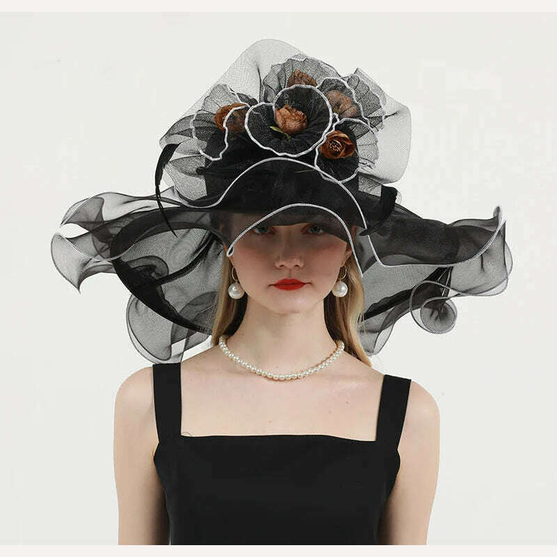 KIMLUD, FS Organza Wide Brim Church Kentucky Derby Hats Fascinator For Women Wedding Cocktail Tea Party Sun Cap Chic Veil Flower Feather, Black / M 56 to 58cm, KIMLUD APPAREL - Womens Clothes