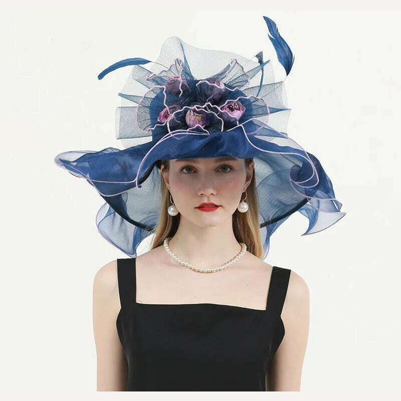 KIMLUD, FS Organza Wide Brim Church Kentucky Derby Hats Fascinator For Women Wedding Cocktail Tea Party Sun Cap Chic Veil Flower Feather, Navy Blue / M 56 to 58cm, KIMLUD APPAREL - Womens Clothes