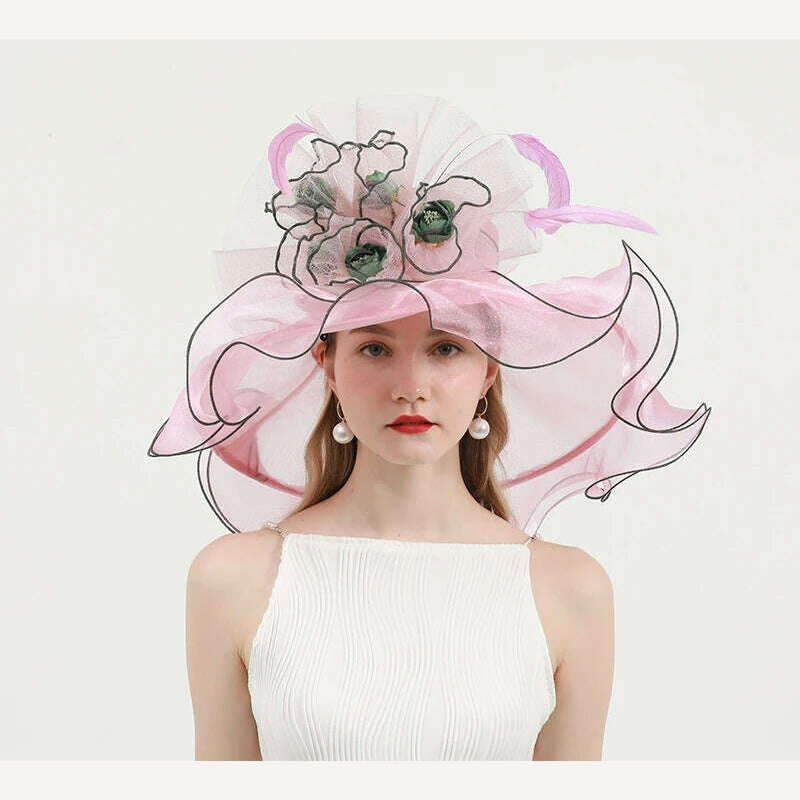 KIMLUD, FS Organza Wide Brim Church Kentucky Derby Hats Fascinator For Women Wedding Cocktail Tea Party Sun Cap Chic Veil Flower Feather, Pink / M 56 to 58cm, KIMLUD APPAREL - Womens Clothes