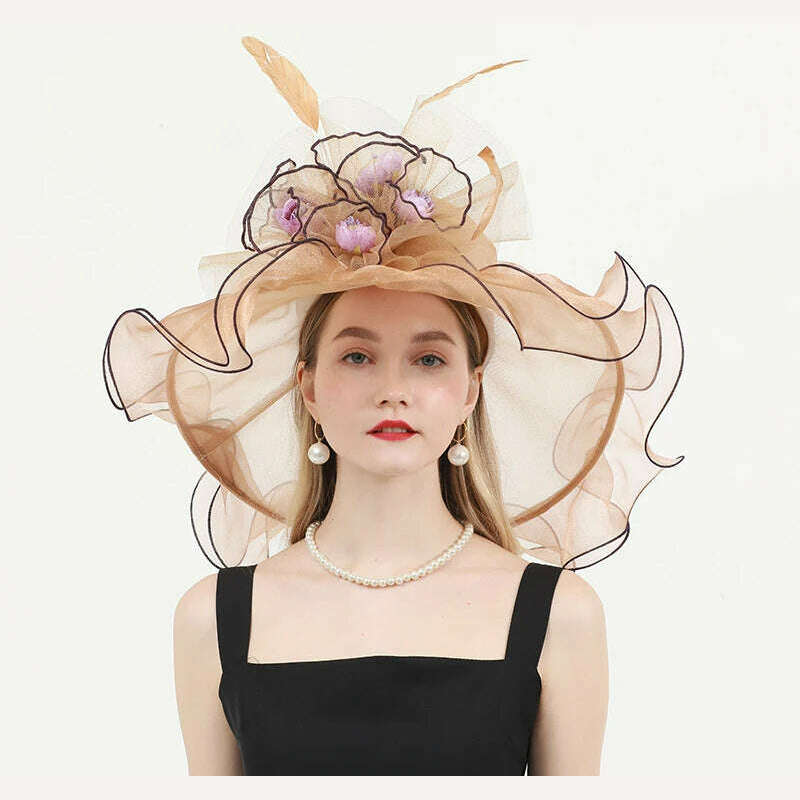 KIMLUD, FS Organza Wide Brim Church Kentucky Derby Hats Fascinator For Women Wedding Cocktail Tea Party Sun Cap Chic Veil Flower Feather, Champagne / M 56 to 58cm, KIMLUD APPAREL - Womens Clothes