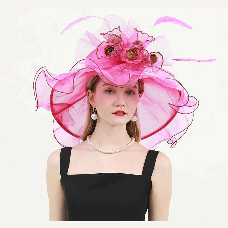 KIMLUD, FS Organza Wide Brim Church Kentucky Derby Hats Fascinator For Women Wedding Cocktail Tea Party Sun Cap Chic Veil Flower Feather, Rose Red / M 56 to 58cm, KIMLUD APPAREL - Womens Clothes