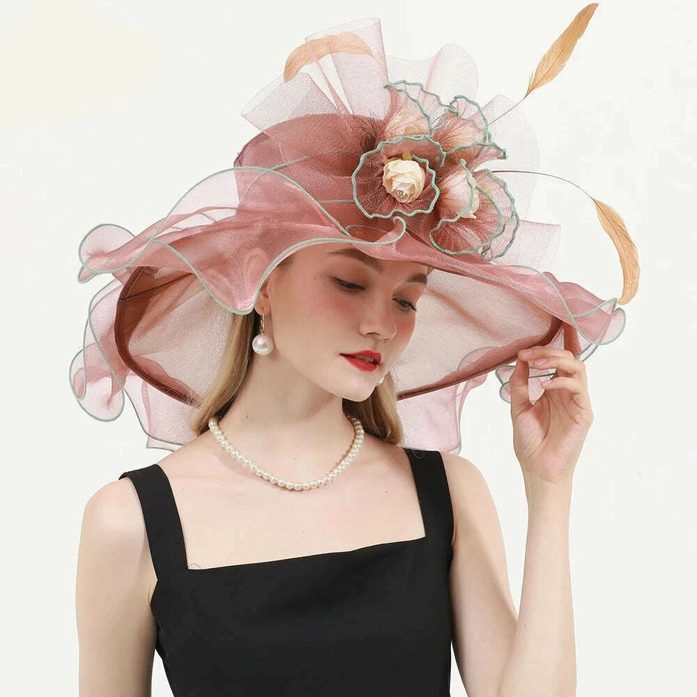 KIMLUD, FS Organza Wide Brim Church Kentucky Derby Hats Fascinator For Women Wedding Cocktail Tea Party Sun Cap Chic Veil Flower Feather, KIMLUD Womens Clothes