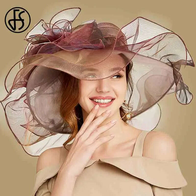 KIMLUD, FS Pink Kentucky Derby Hat For Women Organza Sun Hats Flowers Elegant Large Wide Brim Ladies Wedding Church Fedoras, Wine Red Sun Hat / 56-58CM, KIMLUD APPAREL - Womens Clothes