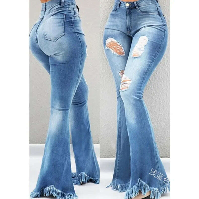 KIMLUD, Full Length Denim Flare Capris Pants Pocket Holes Bell Bottom Trousers Boot Cut Ruffle Denim Pants Women Flare Jeans, Light  Blue / S, KIMLUD APPAREL - Womens Clothes