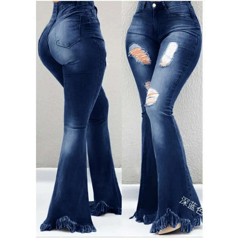 KIMLUD, Full Length Denim Flare Capris Pants Pocket Holes Bell Bottom Trousers Boot Cut Ruffle Denim Pants Women Flare Jeans, Dark Blue / S, KIMLUD APPAREL - Womens Clothes