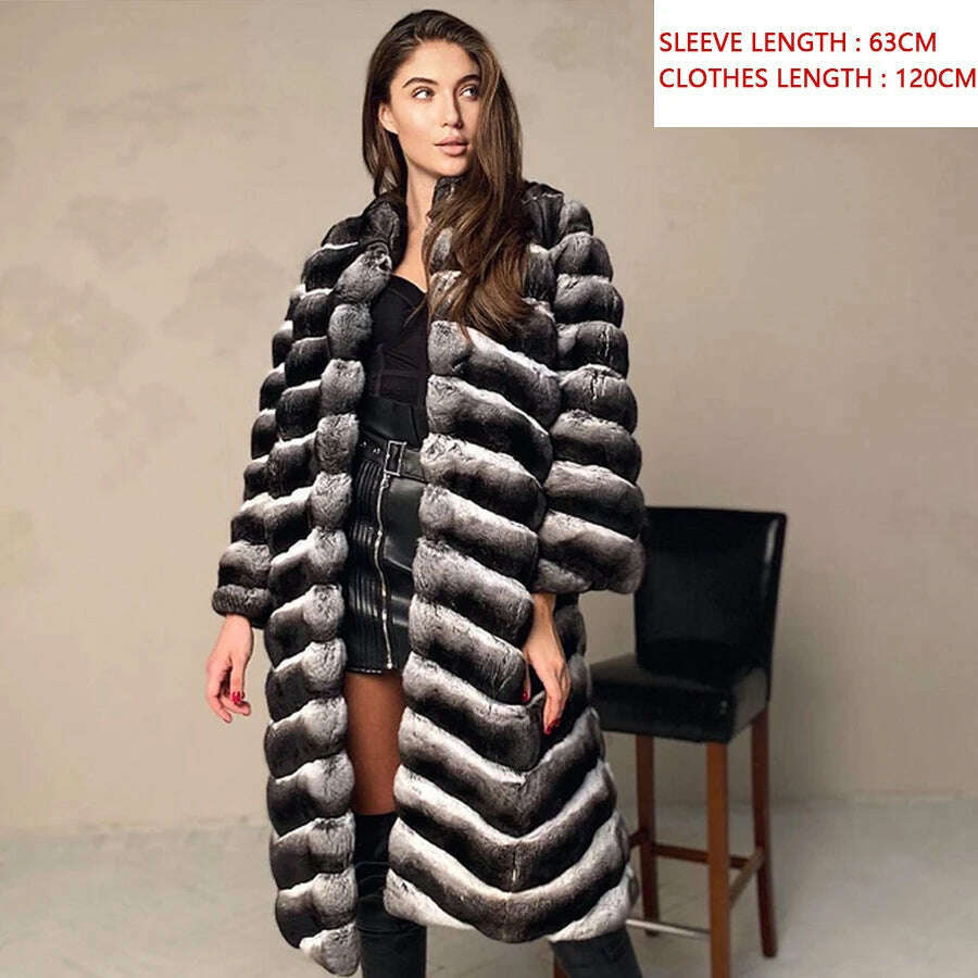 KIMLUD, Fur Coat Women Natural Chinchilla Rex Rabbit Fur Coat Mid-Length Best Seller Warm Winter Jackets Female, 4 / XS-BUST-90CM, KIMLUD APPAREL - Womens Clothes