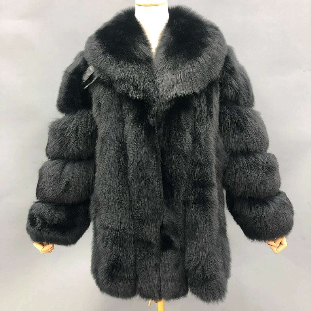 KIMLUD, Fur Coats Women Long Luxury Real Red Fox Fur Jacket Turn Down Collar Furry Thick Warm Coat Winter, black / S(bust 96cm), KIMLUD APPAREL - Womens Clothes