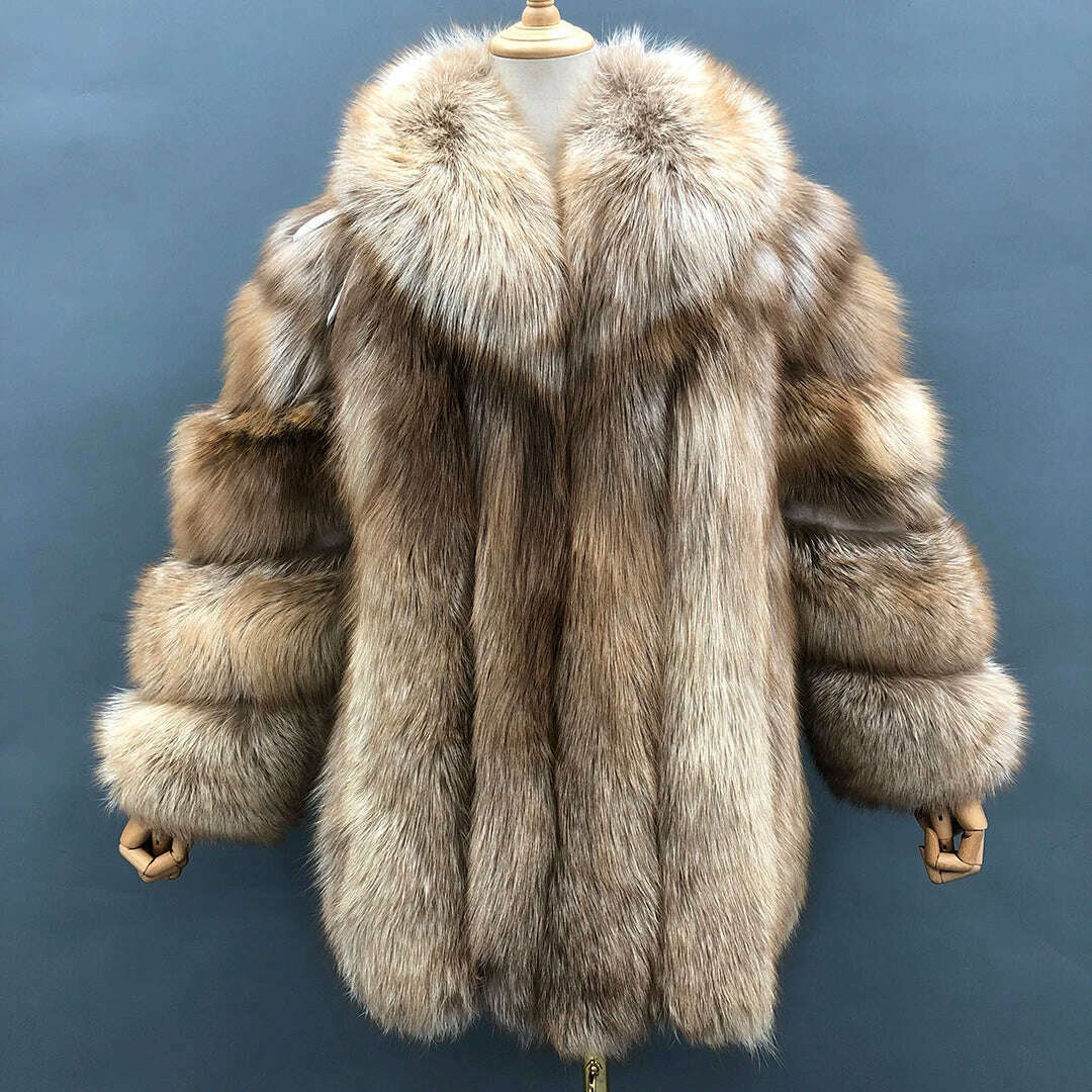 KIMLUD, Fur Coats Women Long Luxury Real Red Fox Fur Jacket Turn Down Collar Furry Thick Warm Coat Winter, KIMLUD Womens Clothes