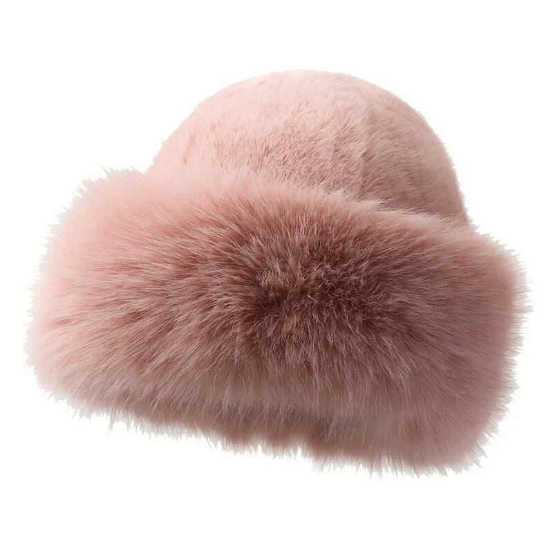 KIMLUD, Fur Hat Women Warm Snow Ski Cap Female Faux Fox Fur Bomber Hat Lady Windproof Winter Hats for Women Russian Hat Ushanka, light pink, KIMLUD APPAREL - Womens Clothes