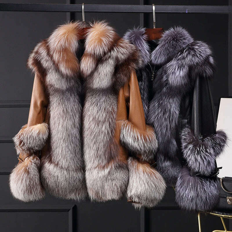 KIMLUD, Fur Lover Women Gorgeous Real Silver Fox Fur Jacket Super Luxury Genuine Sheep Leather Coat With Fox Fur Bigger Collar, KIMLUD Womens Clothes