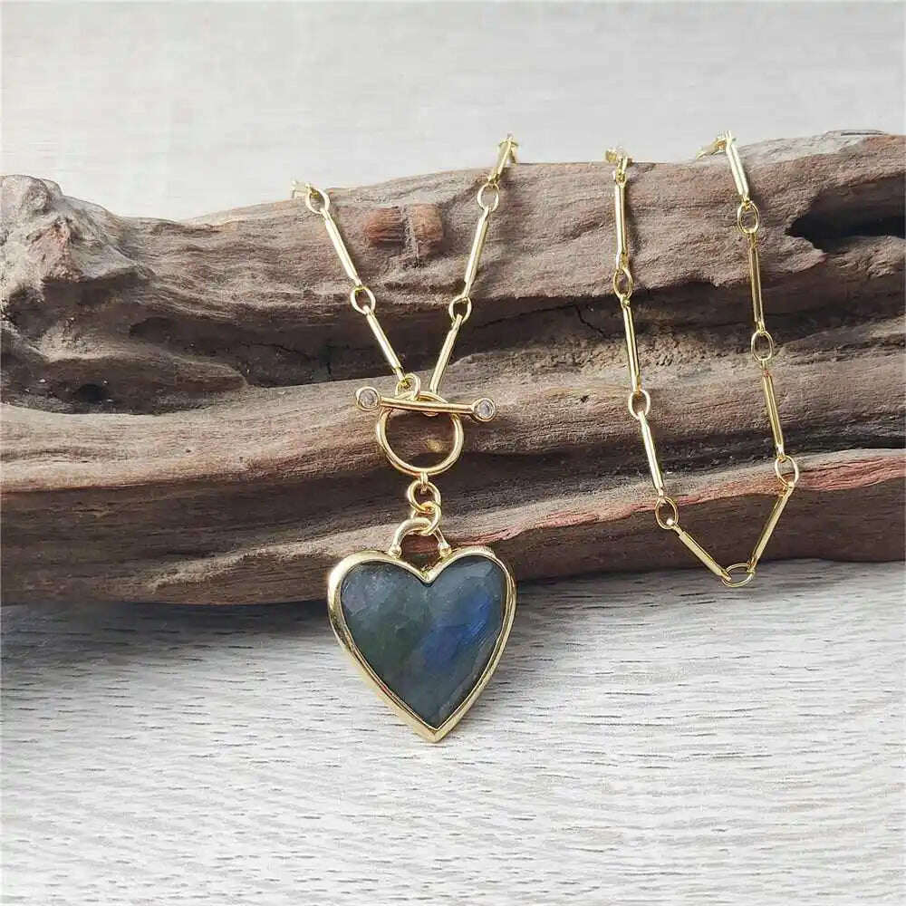 FUWO Handcrafted Natural Labradorite Necklace,Golden OT Buckle Chain Heart-Shaped Semi-Precious Stone Jewelry For Women (NC475) - KIMLUD