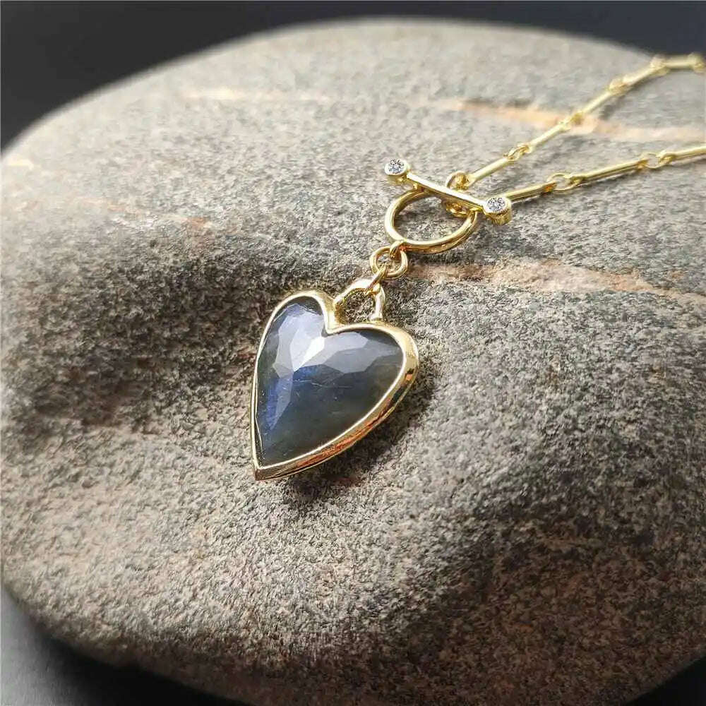 FUWO Handcrafted Natural Labradorite Necklace,Golden OT Buckle Chain Heart-Shaped Semi-Precious Stone Jewelry For Women (NC475) - KIMLUD