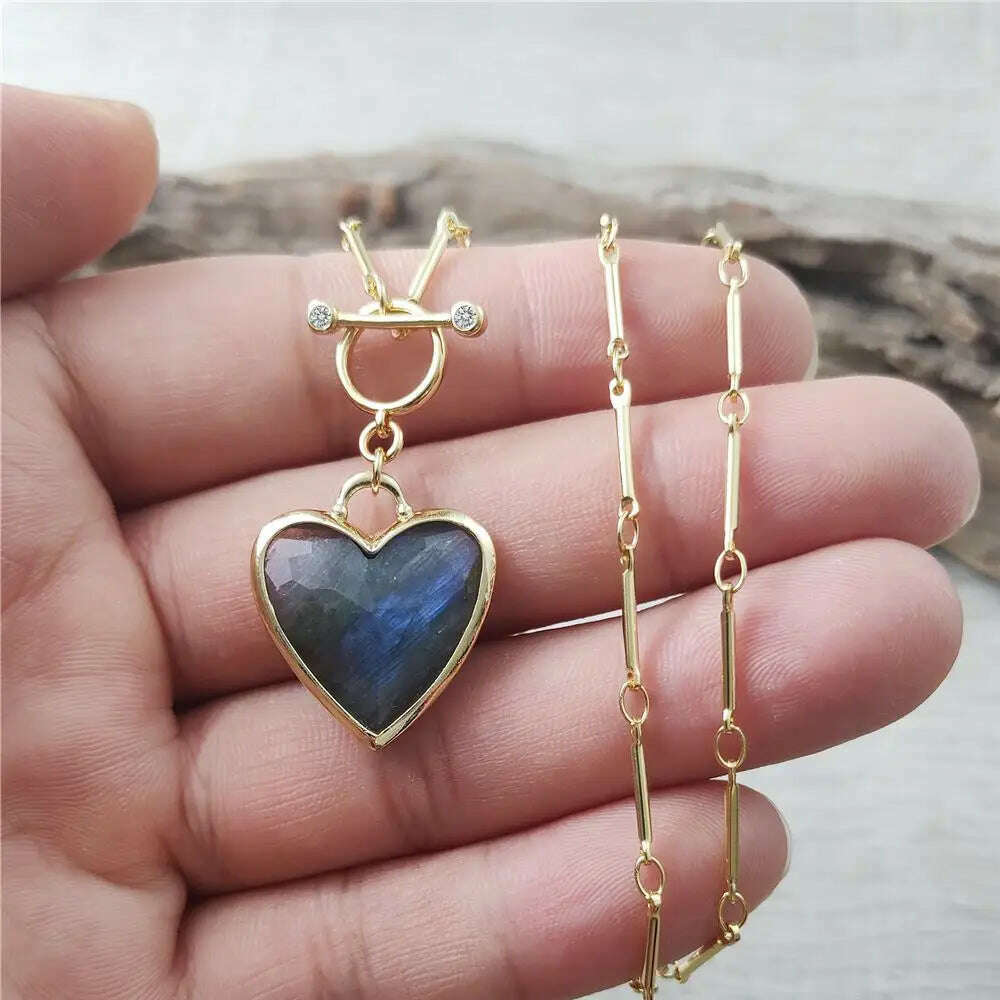 FUWO Handcrafted Natural Labradorite Necklace,Golden OT Buckle Chain Heart-Shaped Semi-Precious Stone Jewelry For Women (NC475) - KIMLUD