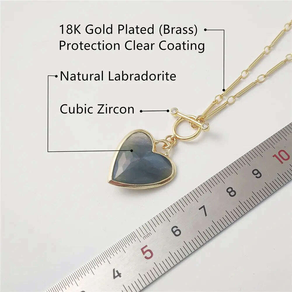 FUWO Handcrafted Natural Labradorite Necklace,Golden OT Buckle Chain Heart-Shaped Semi-Precious Stone Jewelry For Women (NC475) - KIMLUD