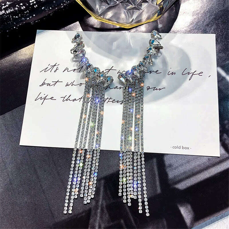 FYUAN Fashion Long Tassel Full Rhinestone Drop Earrings for Women Bijoux Shiny Water Drop Crystal Dangle Earrings Jewelry Gifts - KIMLUD