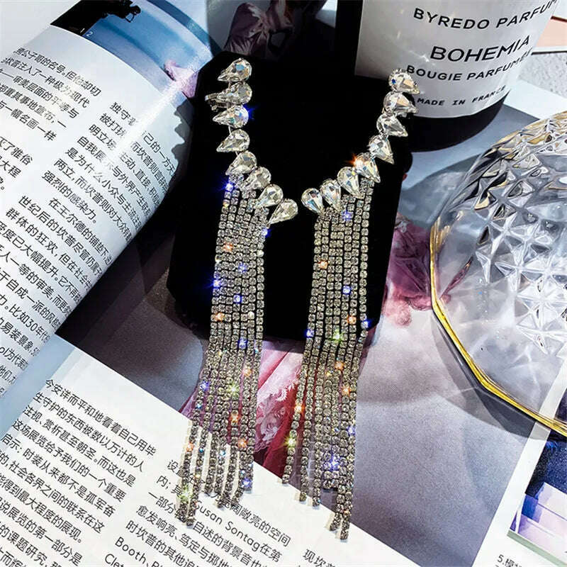 FYUAN Fashion Long Tassel Full Rhinestone Drop Earrings for Women Bijoux Shiny Water Drop Crystal Dangle Earrings Jewelry Gifts - KIMLUD