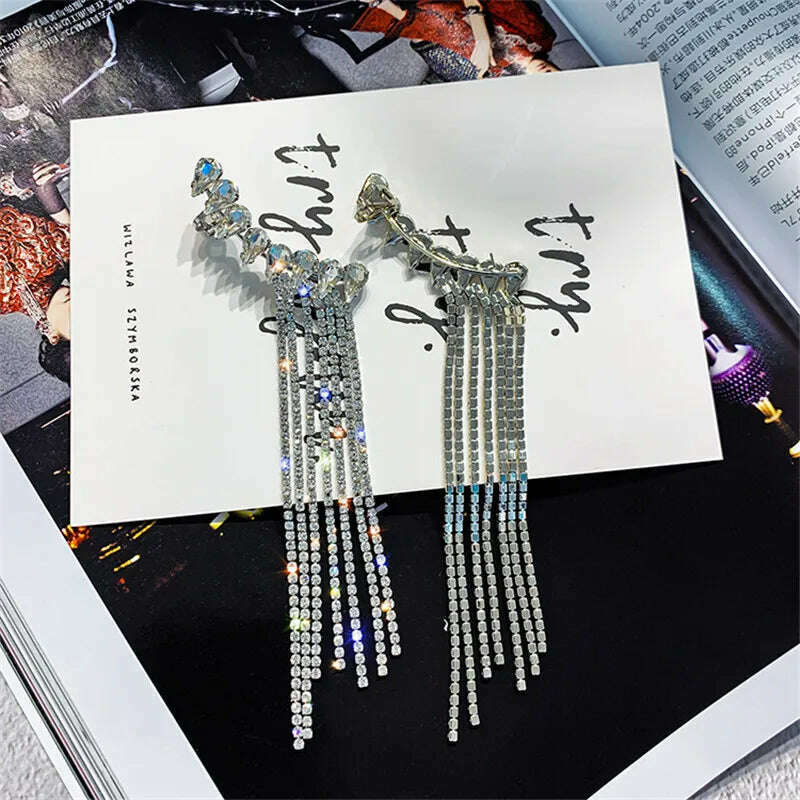 FYUAN Fashion Long Tassel Full Rhinestone Drop Earrings for Women Bijoux Shiny Water Drop Crystal Dangle Earrings Jewelry Gifts - KIMLUD