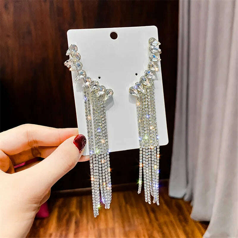 KIMLUD, FYUAN Fashion Long Tassel Full Rhinestone Drop Earrings for Women Bijoux Shiny Water Drop Crystal Dangle Earrings Jewelry Gifts, KIMLUD Womens Clothes