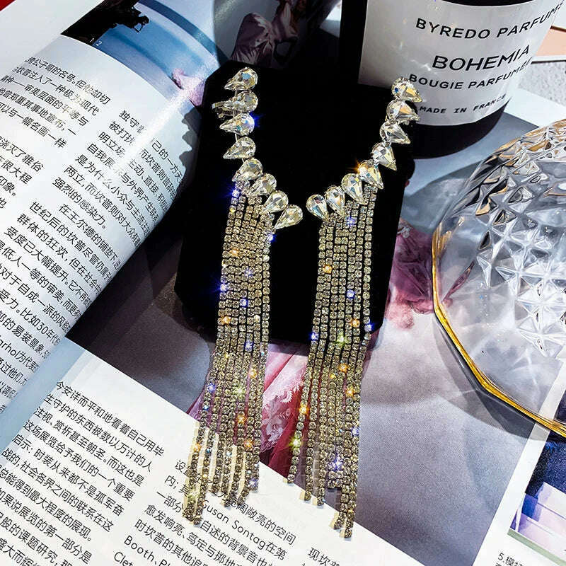 FYUAN Fashion Long Tassel Full Rhinestone Drop Earrings for Women Bijoux Shiny Water Drop Crystal Dangle Earrings Jewelry Gifts - KIMLUD