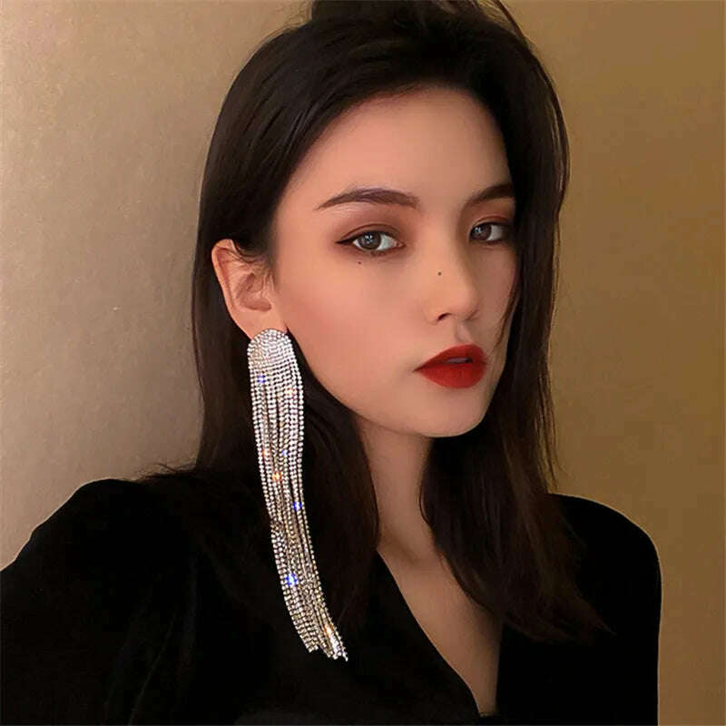 KIMLUD, FYUAN Long Tassel Rhinestone Drop Earrings for Women Ovsize Crystal Dangle Earrings Fashion Jewelry, KIMLUD Womens Clothes