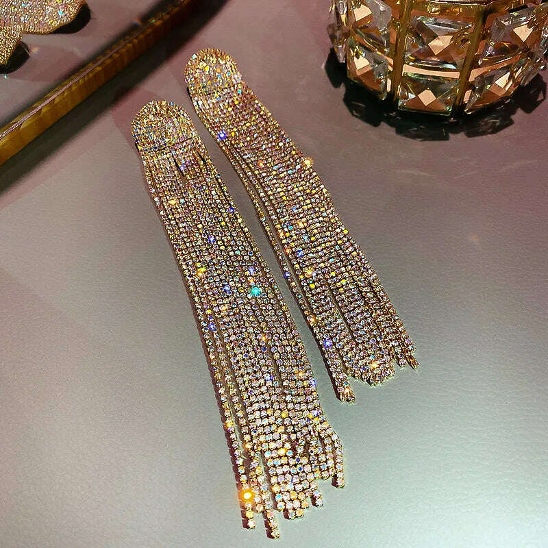 FYUAN Long Tassel Rhinestone Drop Earrings for Women Ovsize Crystal Dangle Earrings Fashion Jewelry - KIMLUD