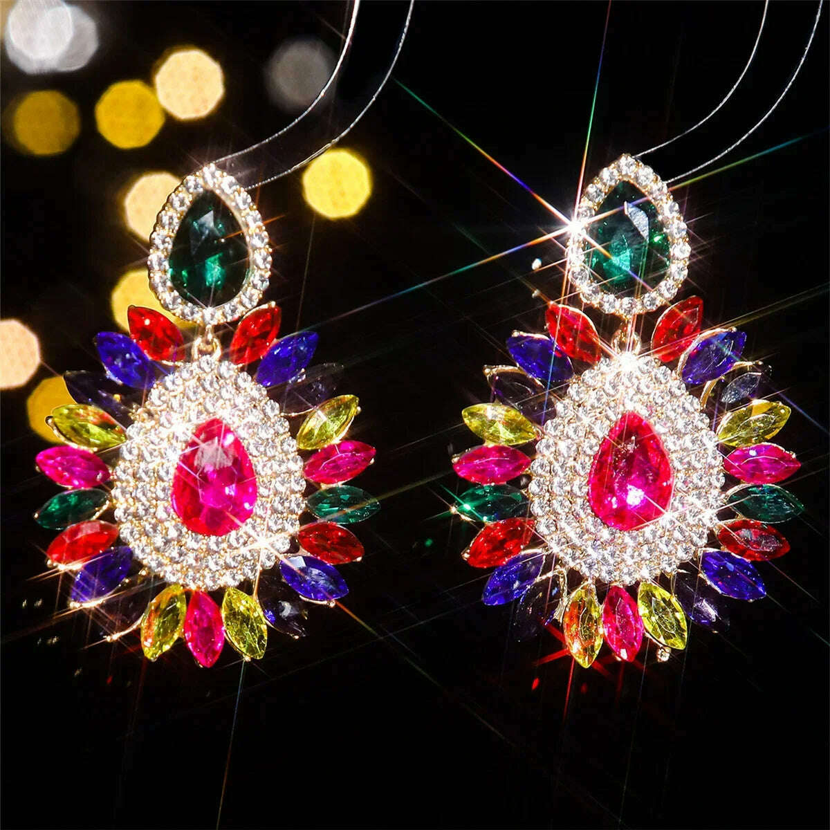 KIMLUD, FYUAN Shine Pink Flower Crystal Drop Earrings Water Drop Geometric Rhinestones Earrings Women Fashion Jewelry, KIMLUD Womens Clothes