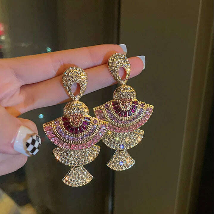 FYUAN Vintage Baroque Style Geometric Drop Earrings Women Pink Zircon Crystal Sector Dangle Earrings Banquet Jewelry Accessories - KIMLUD