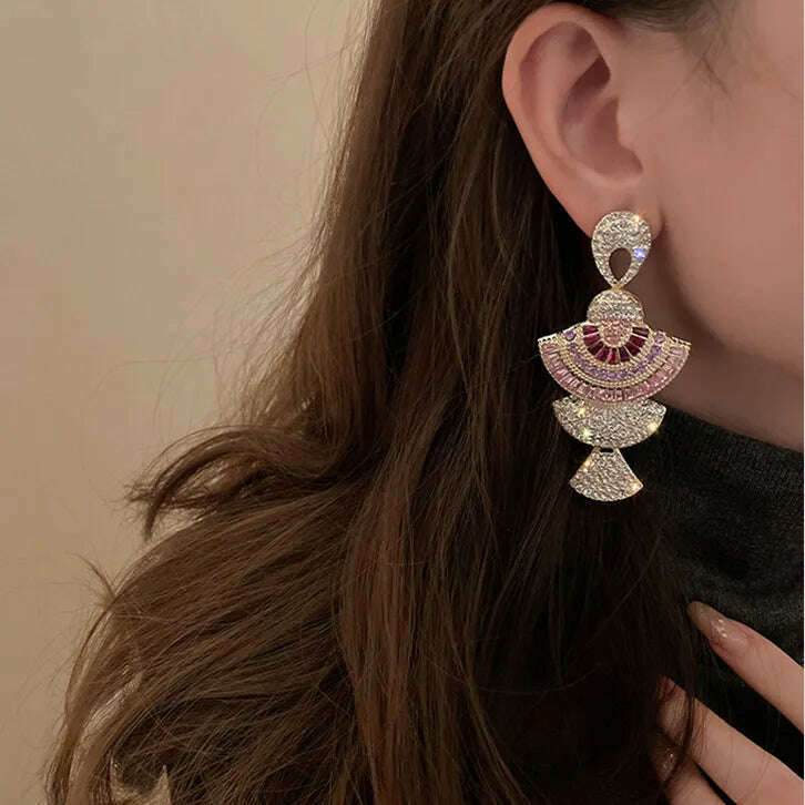 FYUAN Vintage Baroque Style Geometric Drop Earrings Women Pink Zircon Crystal Sector Dangle Earrings Banquet Jewelry Accessories - KIMLUD