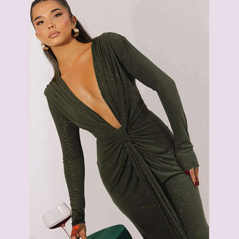 KIMLUD, GACVGA Glitter Deep V Neck Sexy Maxi Dress For Women Autumn Elegant Sparkle Slit Ruched Bodycon Club Party Long Evening Dress, Army Green / M, KIMLUD APPAREL - Womens Clothes