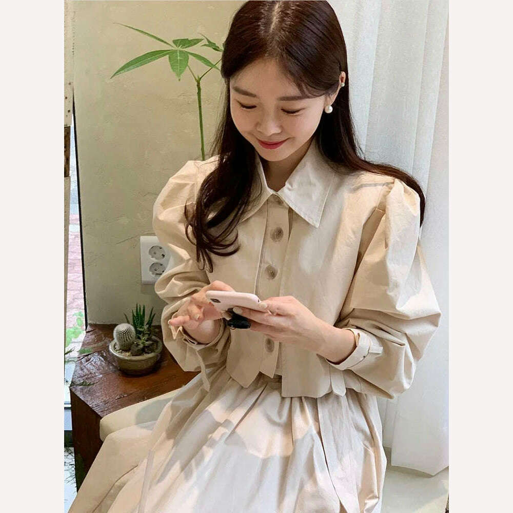 KIMLUD, GALCAUR Solid Fashion Shirts For Women Lapel Long Sleeve Single Breasted Folds Patchwork Korean Short Blouse Female Spring New, KIMLUD Womens Clothes