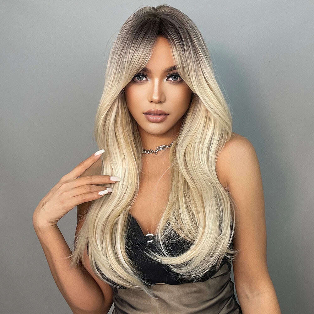 GEMMA Ombre Brown Blonde Long Straight Synthetic Wigs with Bangs Cosplay Wig for Women High Temperature Natural Fake Hair - KIMLUD