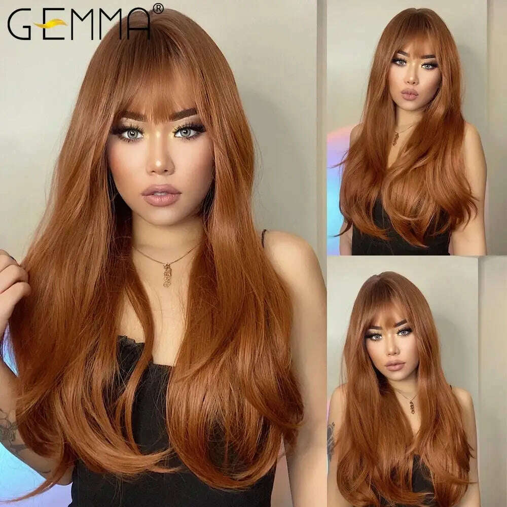 GEMMA Ombre Brown Blonde Long Straight Synthetic Wigs with Bangs Cosplay Wig for Women High Temperature Natural Fake Hair - KIMLUD