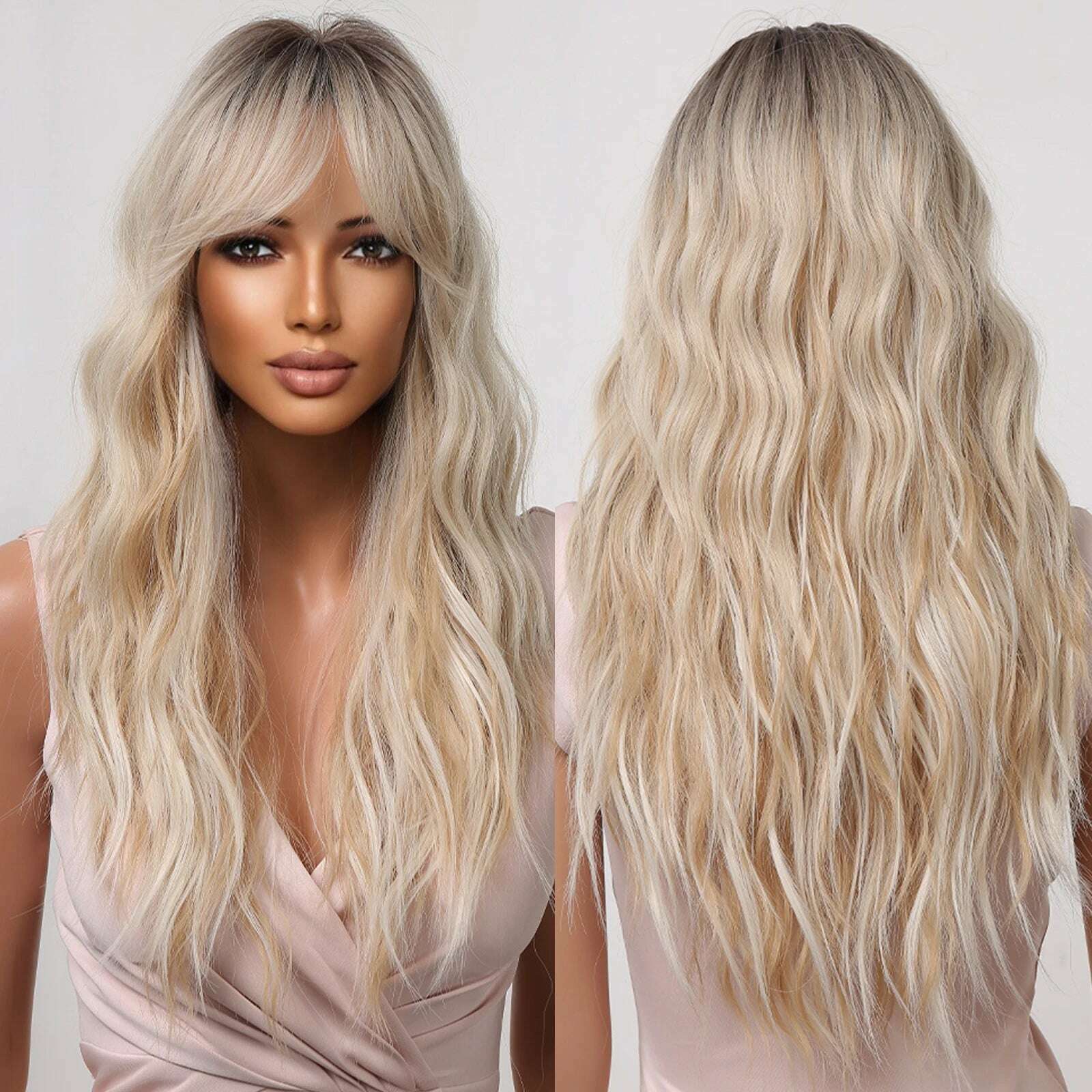 GEMMA Ombre Brown Blonde Long Straight Synthetic Wigs with Bangs Cosplay Wig for Women High Temperature Natural Fake Hair - KIMLUD