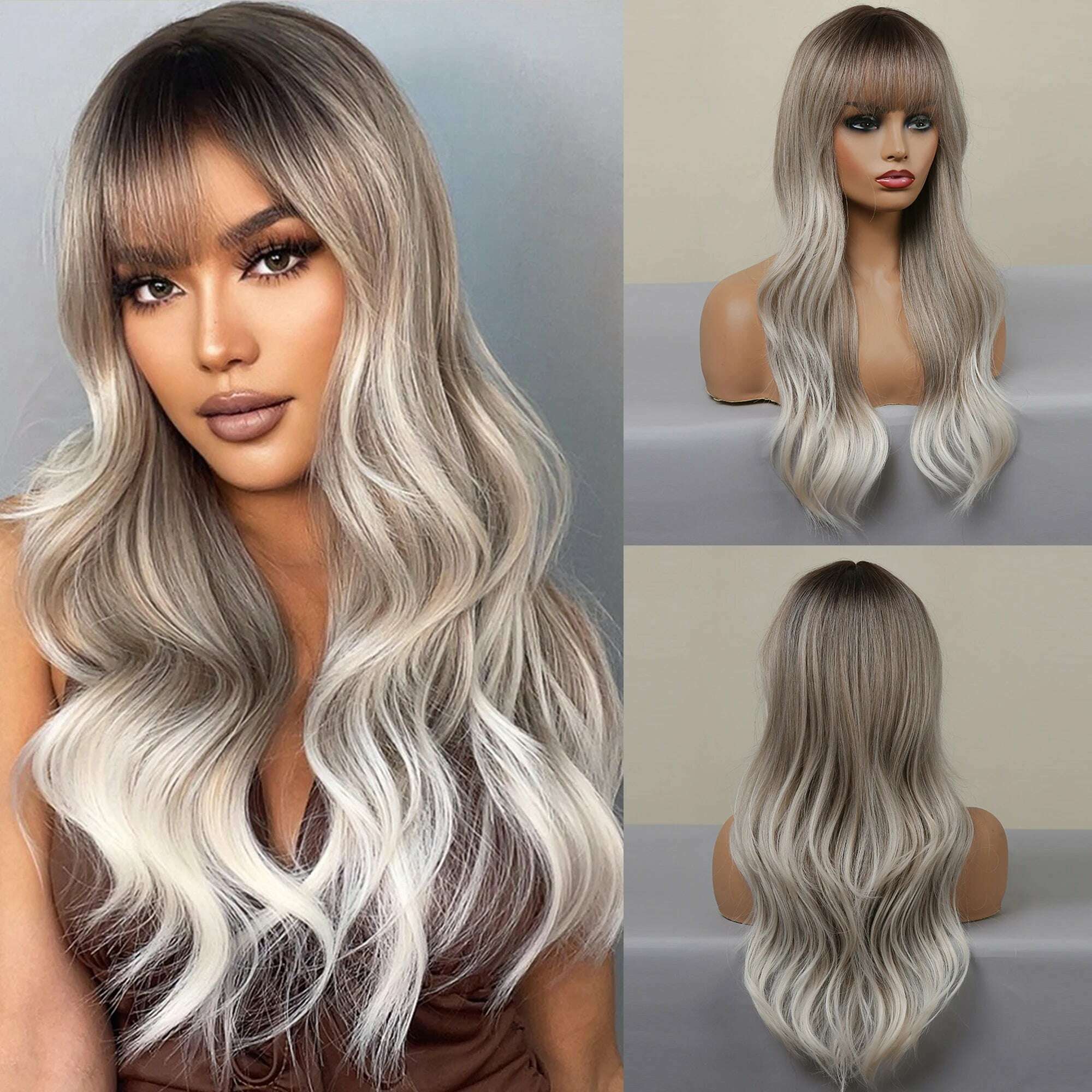 GEMMA Ombre Brown Blonde Long Straight Synthetic Wigs with Bangs Cosplay Wig for Women High Temperature Natural Fake Hair - KIMLUD