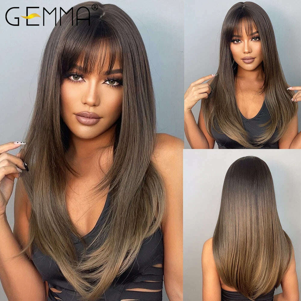 GEMMA Ombre Brown Blonde Long Straight Synthetic Wigs with Bangs Cosplay Wig for Women High Temperature Natural Fake Hair - KIMLUD