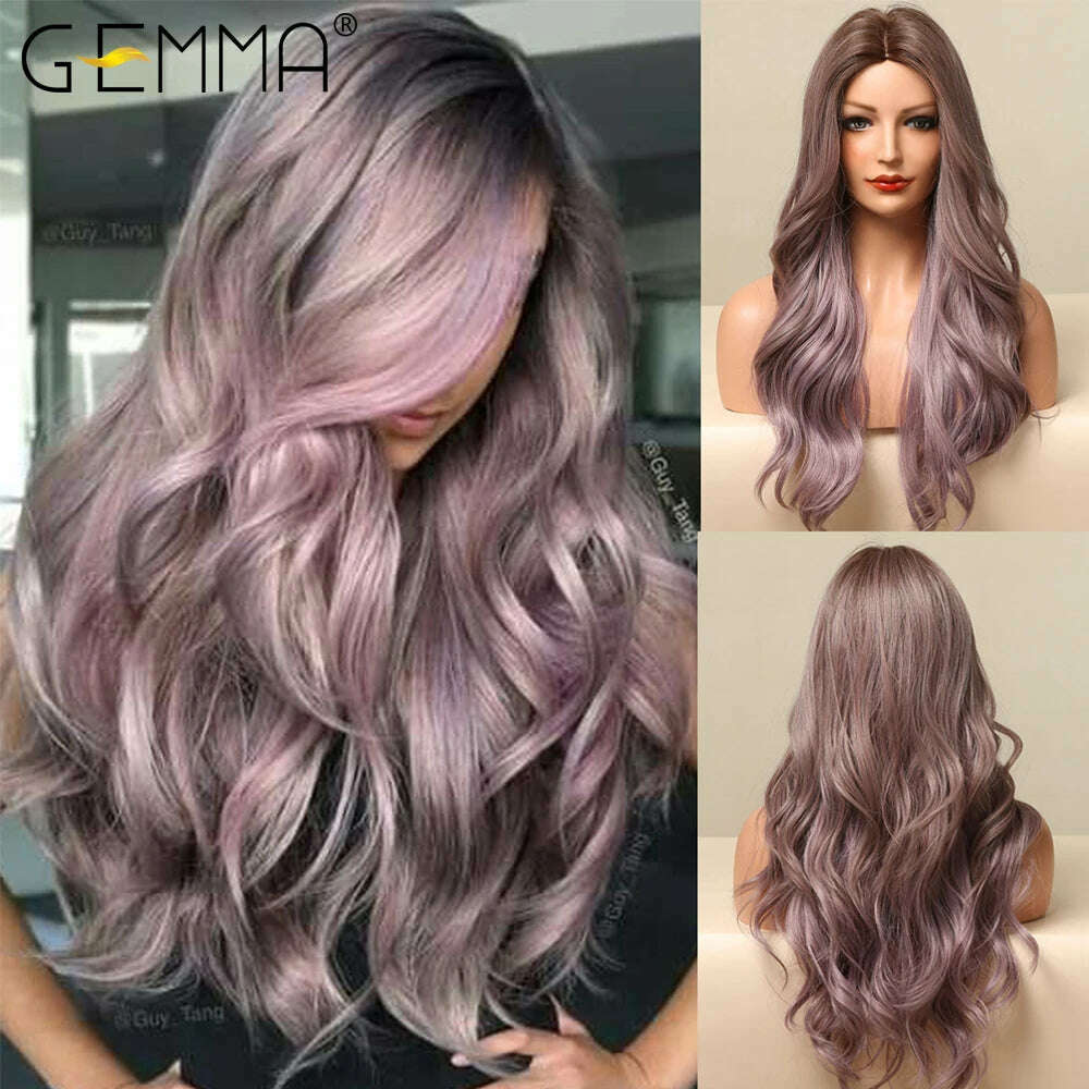 GEMMA Ombre Brown Blonde Long Straight Synthetic Wigs with Bangs Cosplay Wig for Women High Temperature Natural Fake Hair - KIMLUD