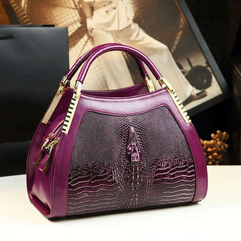 KIMLUD, Genuine leather crocodile pattern handbag Women middle-aged female bag mother bag shoulder messenger bag multi-layer large bag, purple, KIMLUD APPAREL - Womens Clothes