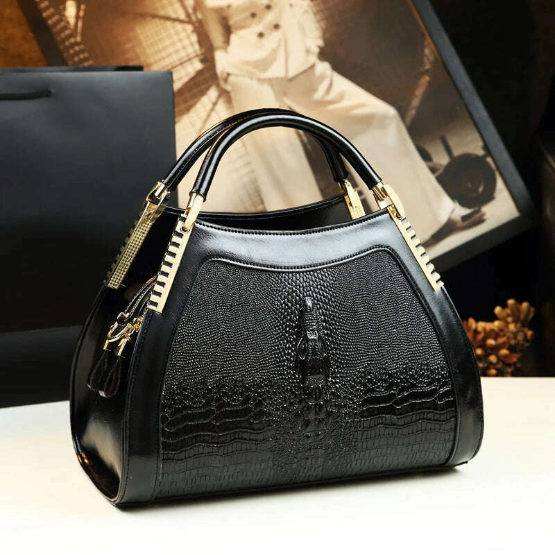 KIMLUD, Genuine leather crocodile pattern handbag Women middle-aged female bag mother bag shoulder messenger bag multi-layer large bag, black, KIMLUD APPAREL - Womens Clothes