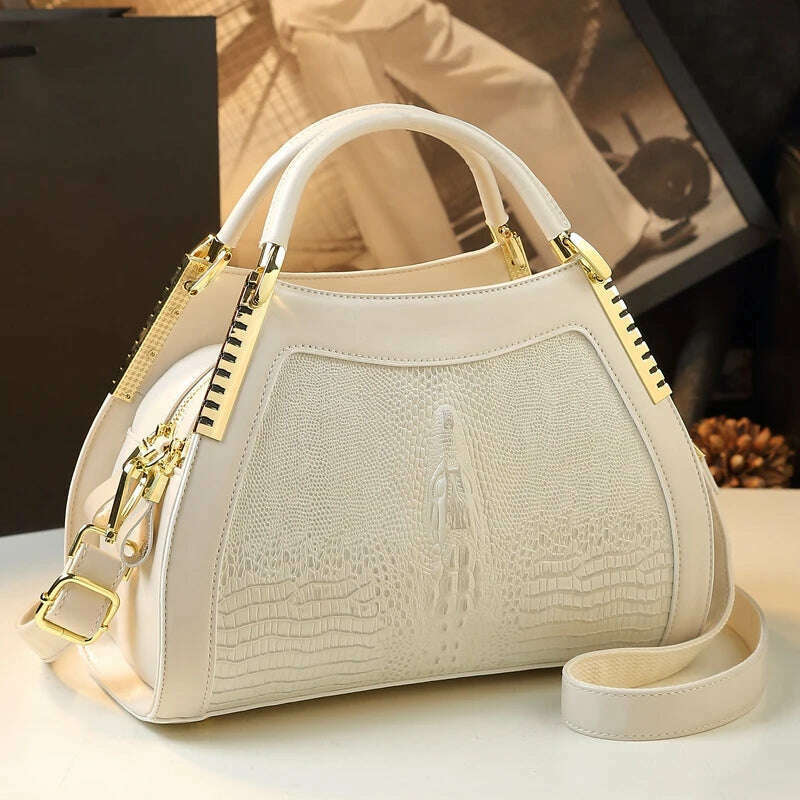 KIMLUD, Genuine leather crocodile pattern handbag Women middle-aged female bag mother bag shoulder messenger bag multi-layer large bag, white, KIMLUD APPAREL - Womens Clothes