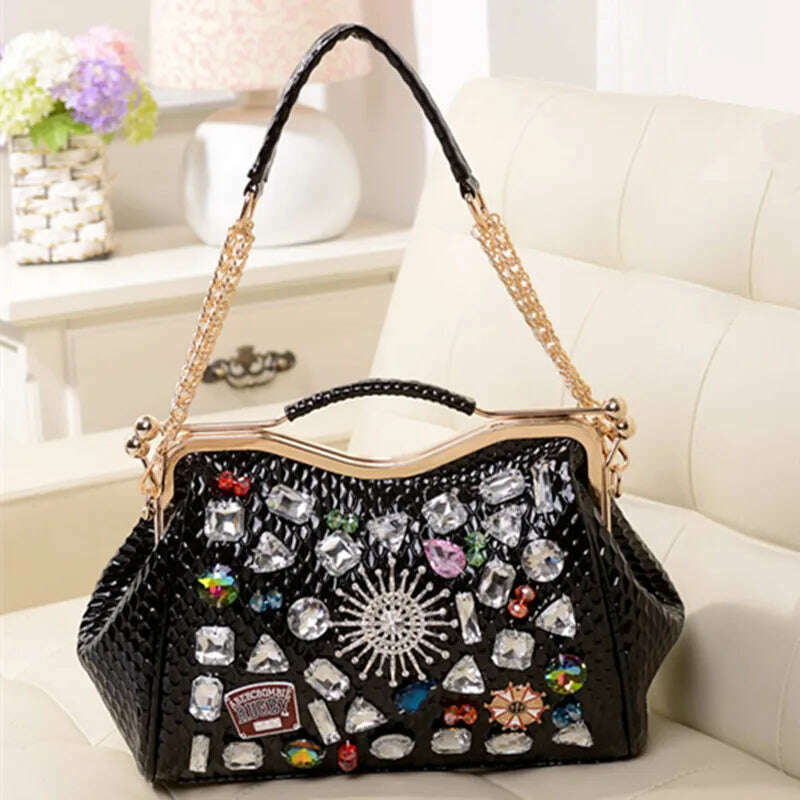 KIMLUD, Genuine Leather Diamonds Women Handbags 2023 New Fashion Lady Tote Bag Colorful Crystals Chain Shoulder Messenger Bags, Black, KIMLUD APPAREL - Womens Clothes