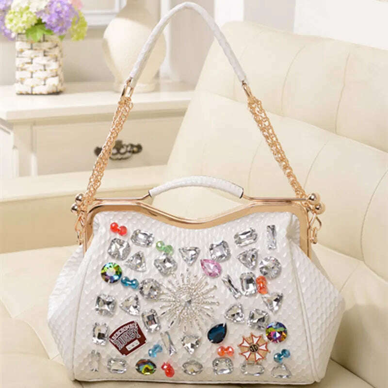 KIMLUD, Genuine Leather Diamonds Women Handbags 2023 New Fashion Lady Tote Bag Colorful Crystals Chain Shoulder Messenger Bags, White, KIMLUD APPAREL - Womens Clothes