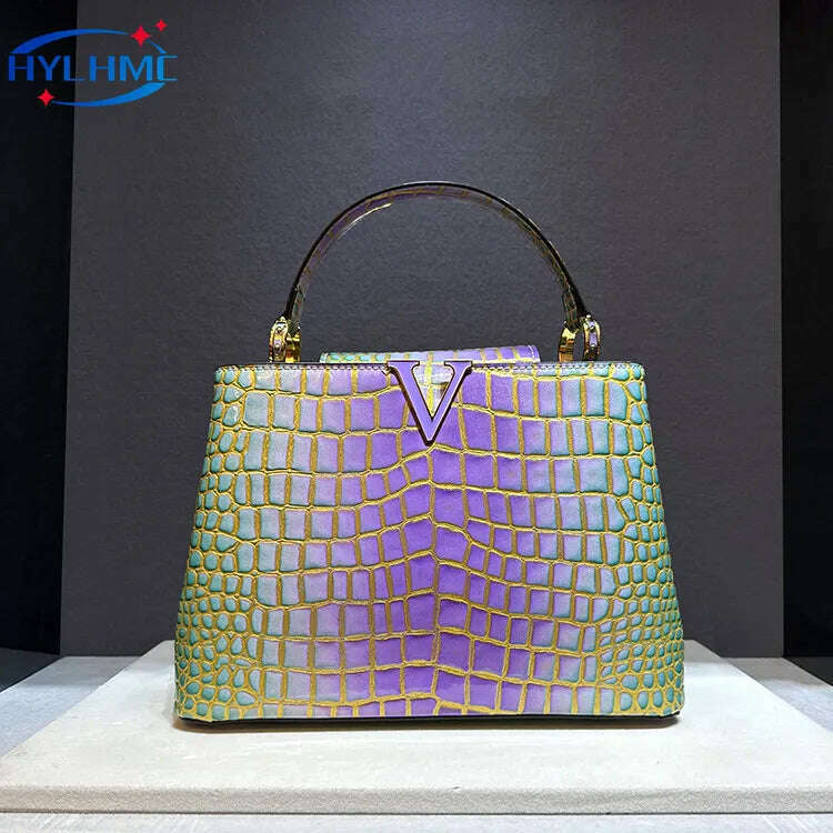 Genuine Leather Gradient Crocodile Pattern Women Handbags Tote Bag Female 2024 V-Shaped Shoudler Messenger Bags Luxury Fashion - KIMLUD