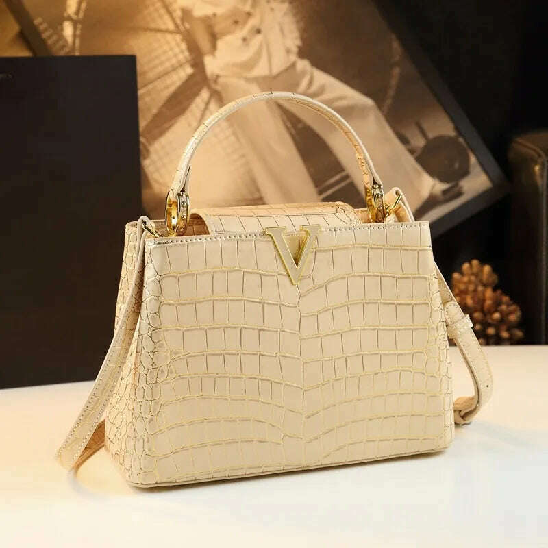 KIMLUD, Genuine Leather Gradient Crocodile Pattern Women Handbags Tote Bag Female 2024 V-Shaped Shoudler Messenger Bags Luxury Fashion, Gold, KIMLUD APPAREL - Womens Clothes